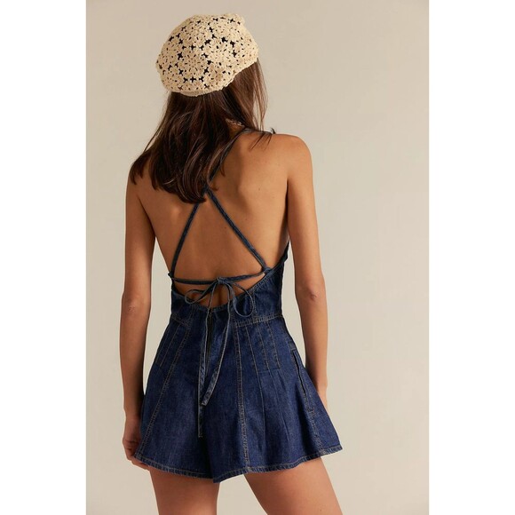 Free People We The Free Nostalgia Ultra-Shortalls Romper Denim Swingy L 282592 - Picture 4 of 9